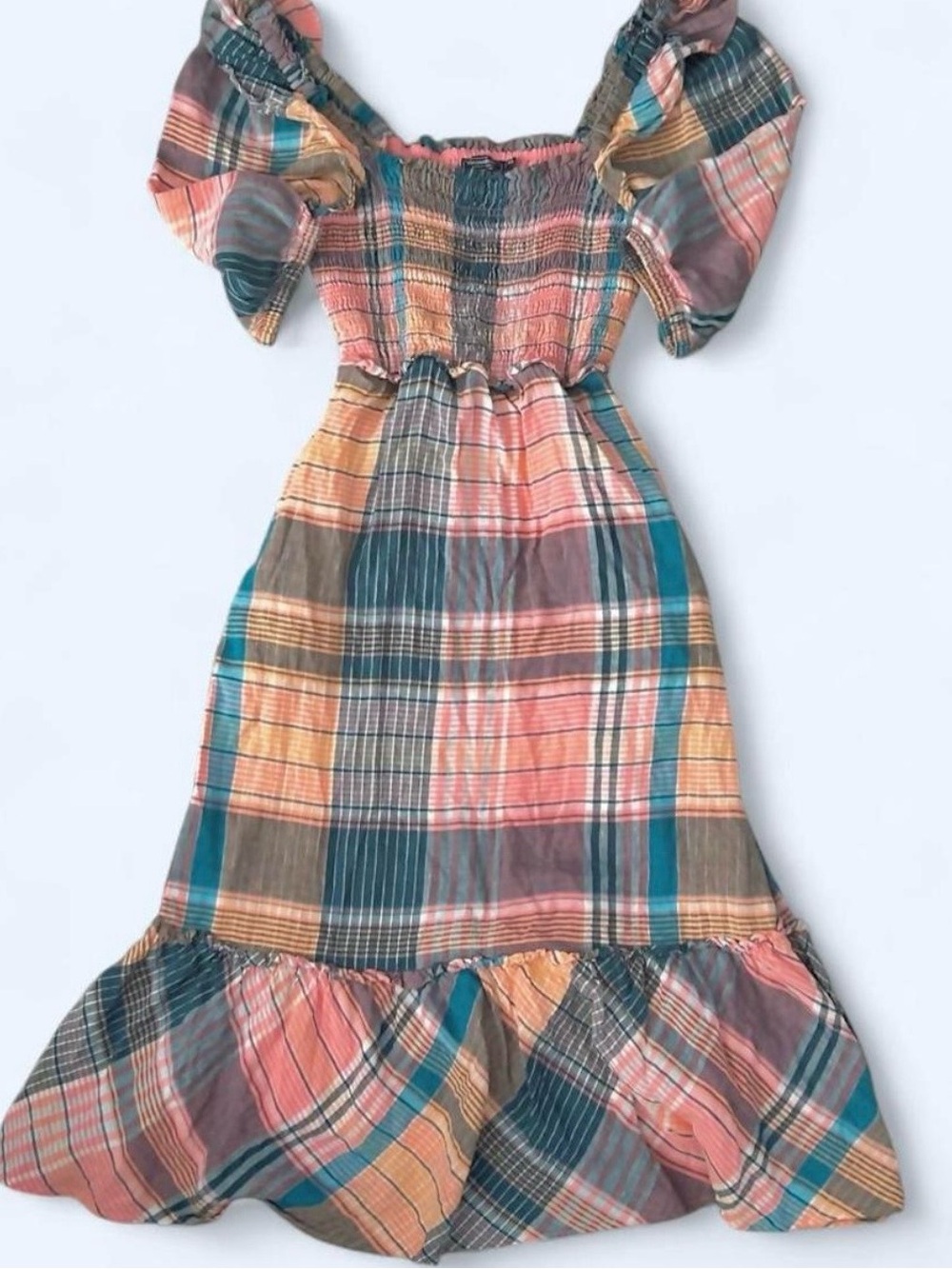 LIKE NEW XS/S Vineyard Vines Plaid Linen Smocked Ruffle Puff-Sleeve Midi Dress